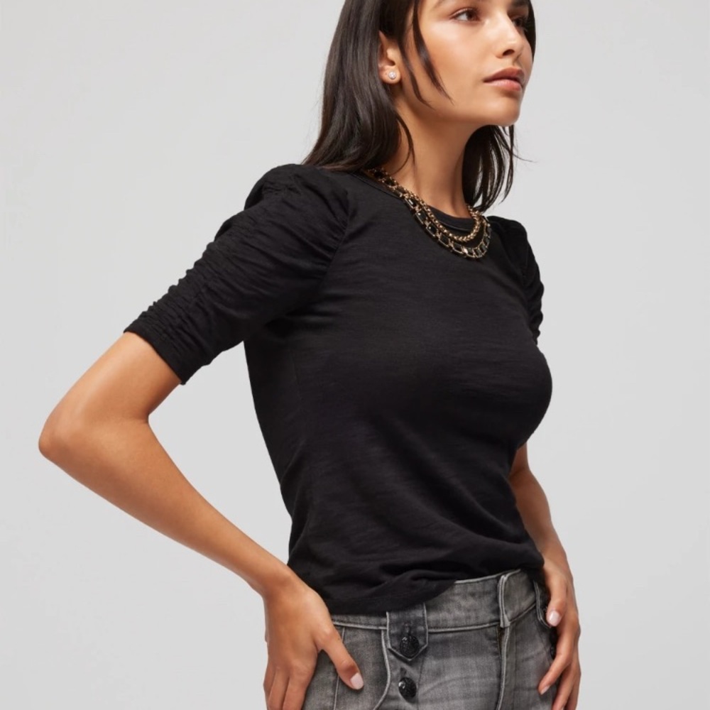 WHBM Black Crewneck Shirred Sleeve Tee
